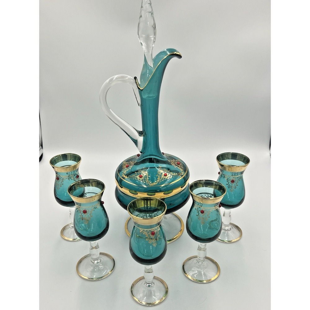 Vintage Empoli Italian Teal Blue Genie Bottle Decanter Set Gold Gilt Glasses MCM